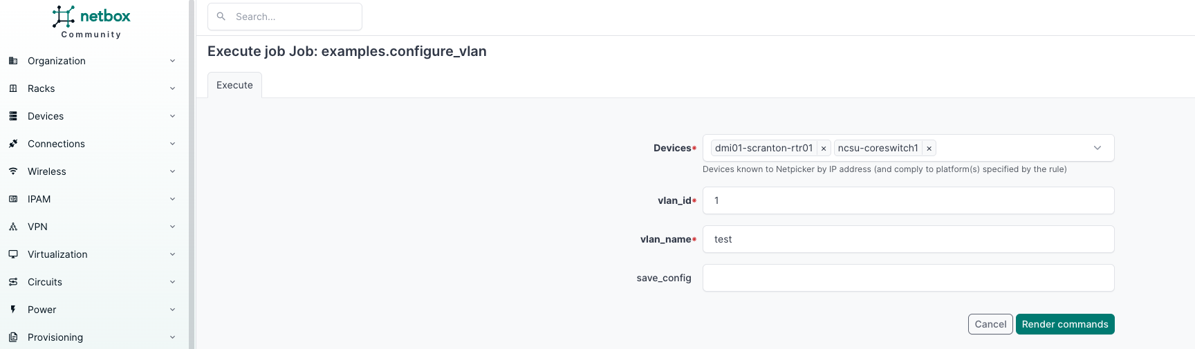 NetBox interface showing Netpicker automation job execution with real-time status monitoring
