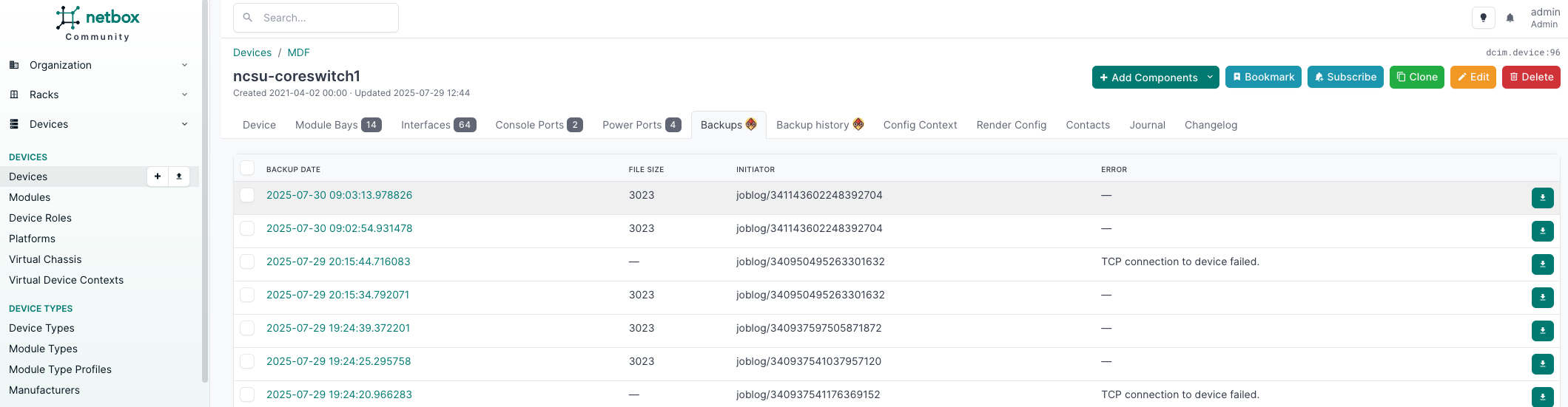 NetBox device overview showing Netpicker configuration backups and change history with diff visualization